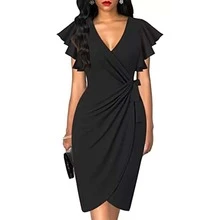 Black V-Neck Knee-Length Dress, Lumbar Strap Design, Suitable For Work, Daily, Wedding - Black - View 1