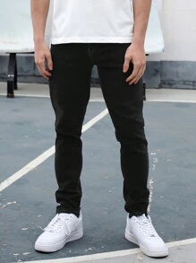 Vaqueros Rectos Elásticos y Ajustados Hombre, Mezclilla Comodo Moda - Negro - Ver 2