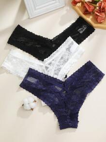 3pcs/Set Women's Lace Hollow Out Flower Design Sexy Thongs Lingerie