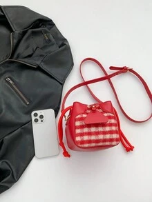 1 件迷你斜挎包（4.9 英寸 * 5.3 英寸 * 3.9 英寸）拼色格子图案，水桶造型，可爱精致，适合农历新年、情人节、单肩包和手提包、礼物、迷你女士挎包 - 紅色 - 查看 4