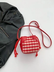 1 件迷你斜挎包（4.9 英寸 * 5.3 英寸 * 3.9 英寸）拼色格子图案，水桶造型，可爱精致，适合农历新年、情人节、单肩包和手提包、礼物、迷你女士挎包 - 紅色 - 查看 5