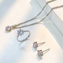女士时尚珠宝 3 件套，包括项链、戒指和耳环，镶嵌单颗钻石和六爪方晶锆石 - 三件套 - 查看 6