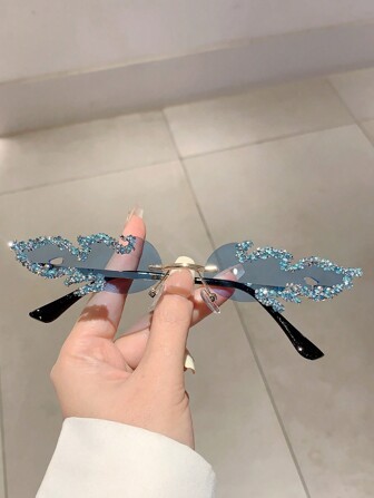 Gafas de moda 2024 de mujer de estilo Y2K sin montura, multicolor, con decoración de cristales, diseño único, ideales para verano, playa, vacaciones, exterior y viajes