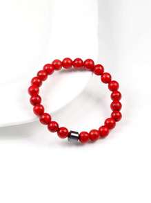 1pc 8mm Natural Black Agate Beaded Elastic Bracelet, Adjustable Unisex - Multicolor - View 2