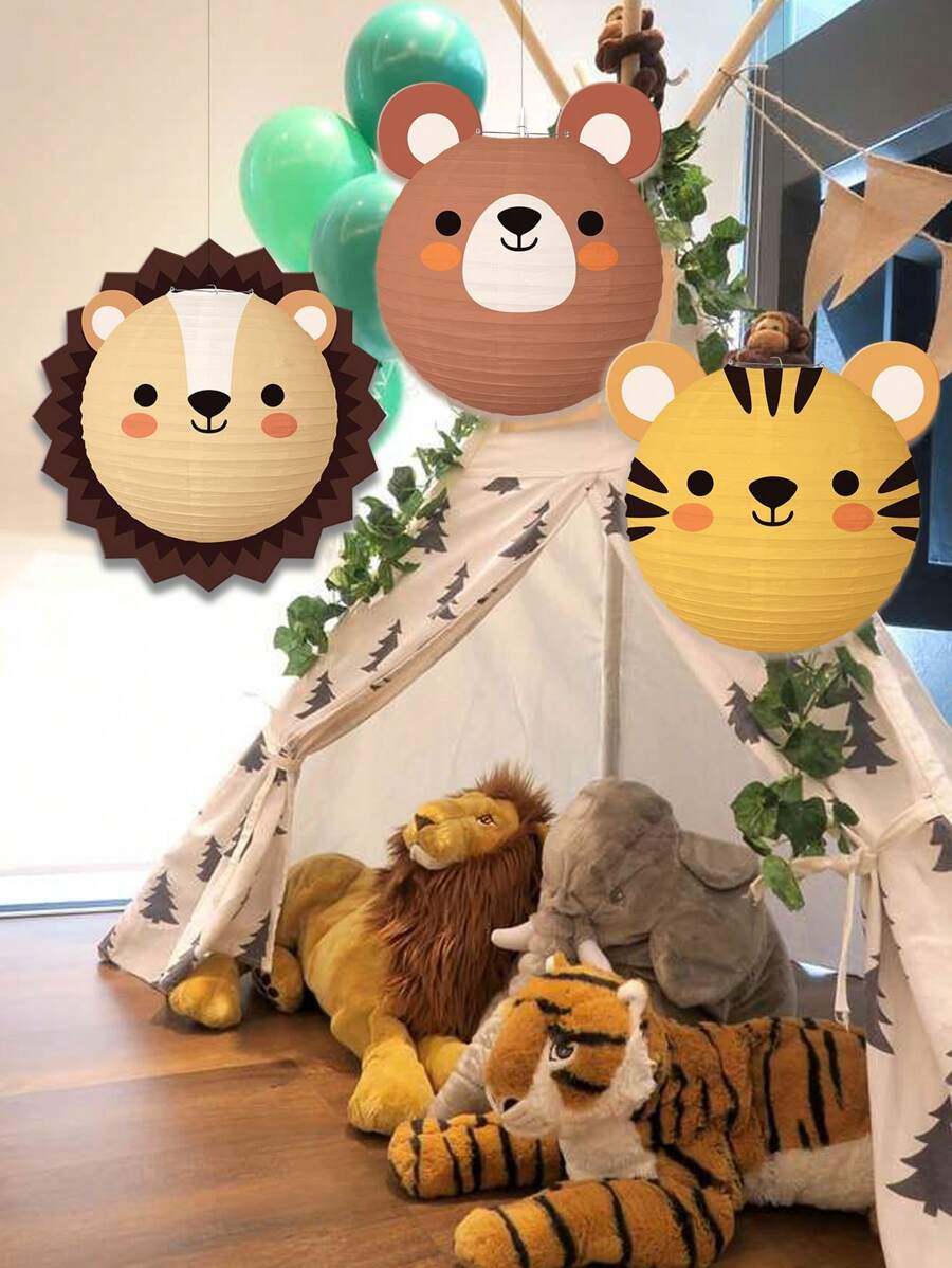 3 piezas de linternas de papel con diseños de animales de dibujos animados, linternas colgantes de papel con tigre, león y oso de la selva para fiestas de cumpleaños, decoración de baby shower, Navidad