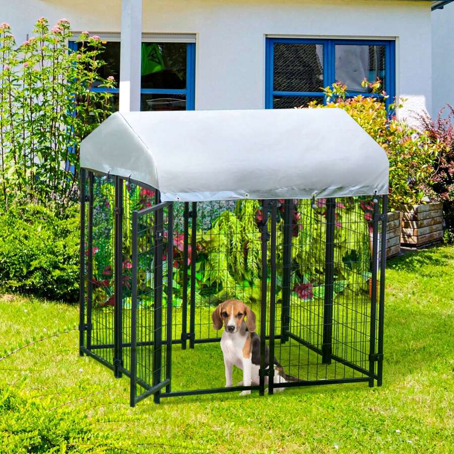 Pawhut Perrera de Exterior con Techo 120x120x138 cm Jaula para Perros Parque para Mascotas con Malla de Metal y Puerta con Cerradura para Jardín Patio Plata - Negro - Ver 1
