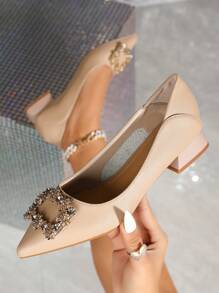 女士柔软皮革高跟鞋,防摩擦工作鞋,大码 41-43 女士鞋,法式尖头厚底高跟鞋,带水钻的百搭粗跟鞋,女士不累的粗跟鞋,百搭、舒适、低跟祖母鞋,低鞋面,适合日常通勤 - 杏色 - 查看 2