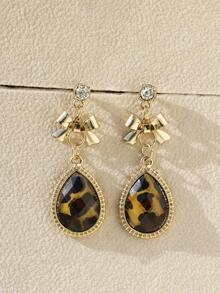 2 件韓式豹紋金屬淚珠領結吊墜耳環,3 種顏色可選,時尚百搭女士首飾