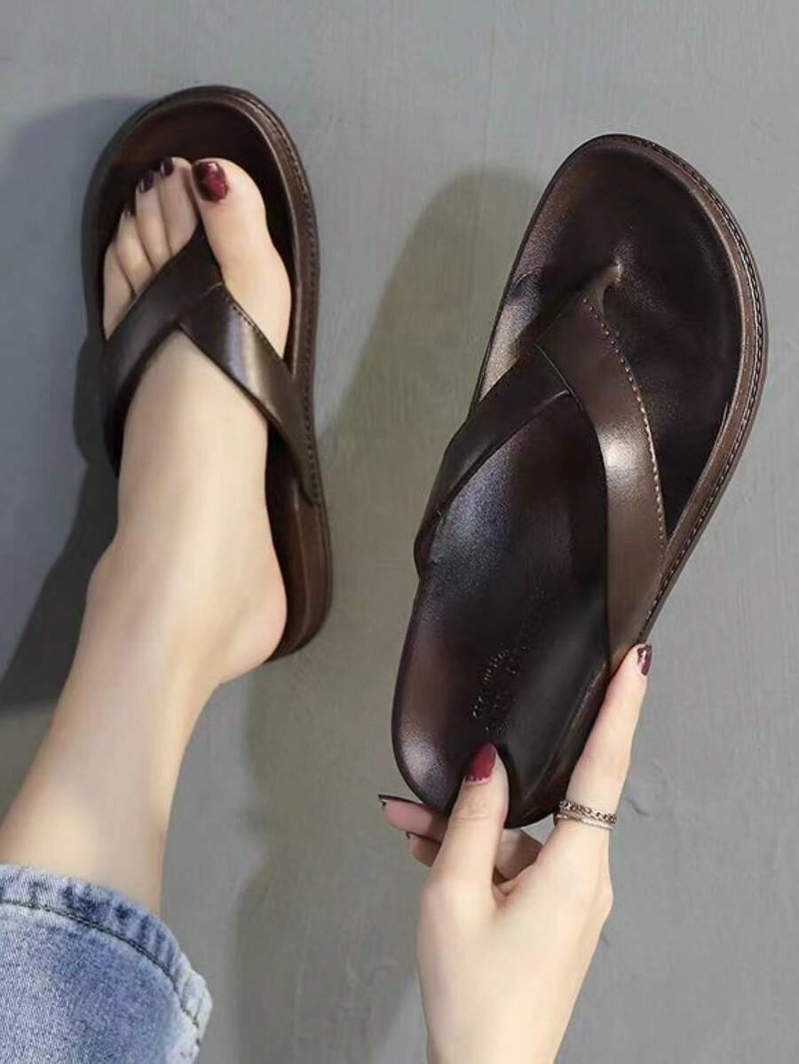 女款夏季牛津布拖鞋,時尚休閒防滑,韓國風格,適用於海灘,學校,情侶穿搭 - 棕色 - 查看 1