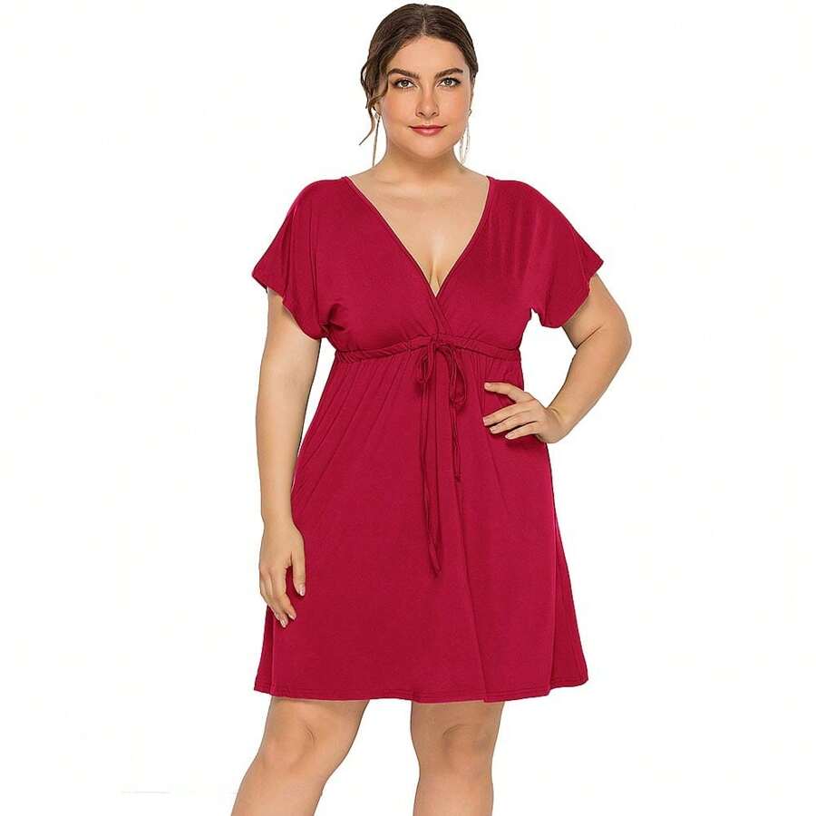 Loose Dress Plus Sizes For Casual, Elastic Waist - Đỏ - Xem 1