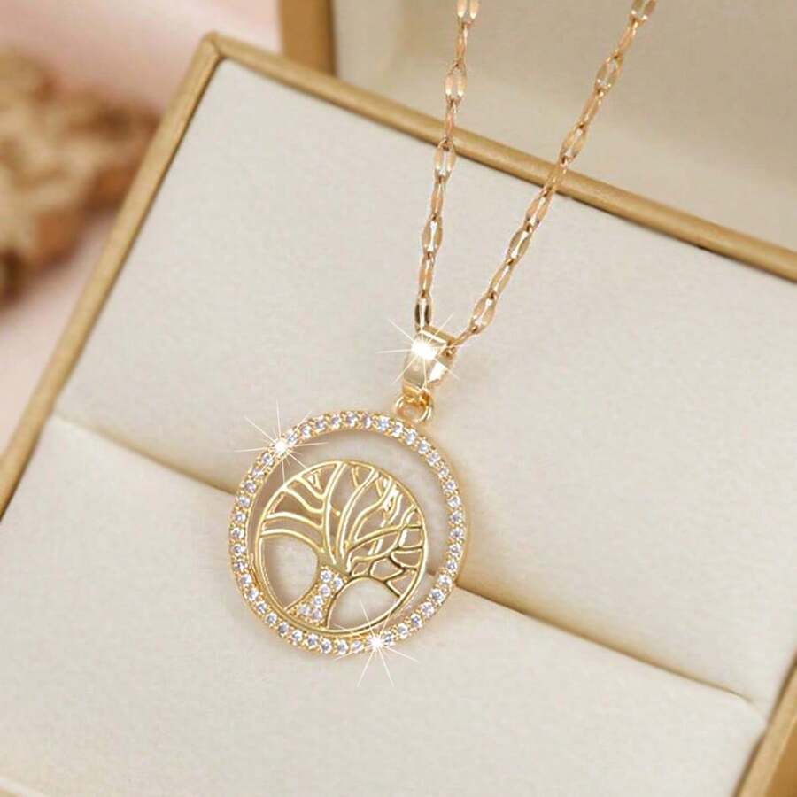18K真金镀层双环生命之树吊坠项链，个性化宴会珠宝配饰，周年纪念礼物，送给家人和朋友 - 金色 - 查看 1