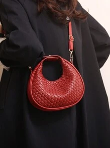 1pc Plain Pu Leather Moon-Shaped Bag With Zipper Closure, Vintage, Fashionable, Versatile, Suitable For Women's Daily Use, Dates And Gifts, Can Be Used As Handbag, Shoulder Bag And Cross-Body Bag, Women Bag Woven Bag For Valentine's Day Gifts, New Year's Gifts, For Commuting To Work, Shopping, Adjustable Shoulder Strap, Simple Fashion Women's Bag, Fashion Top Handle Bag, Red Bag