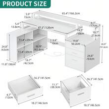 65Inch L Shaped Desk With Power Outlets And Monitor Stand , Computer Desk With LED Lights &File Cabinet, Corner Desk With 3 Drawers & 4 Open Storage Shelves, Modern Home Office Desk - trắng - Xem 3