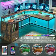 67 Inch L Shaped Desk With LED Lights And Power Outlets, Computer Desk With Drawer & 3 Cubbies Storage Shelves, Corner Gaming Desk, Office Desk With Monitor Stand - Brown - View 3