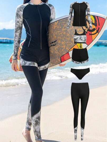 Combinazione muta da sub 5 pezzi con canottiera in tie-dye+top a maniche lunghe con cerniera+pantaloni aderenti+shorts da esterno+slip triangolare