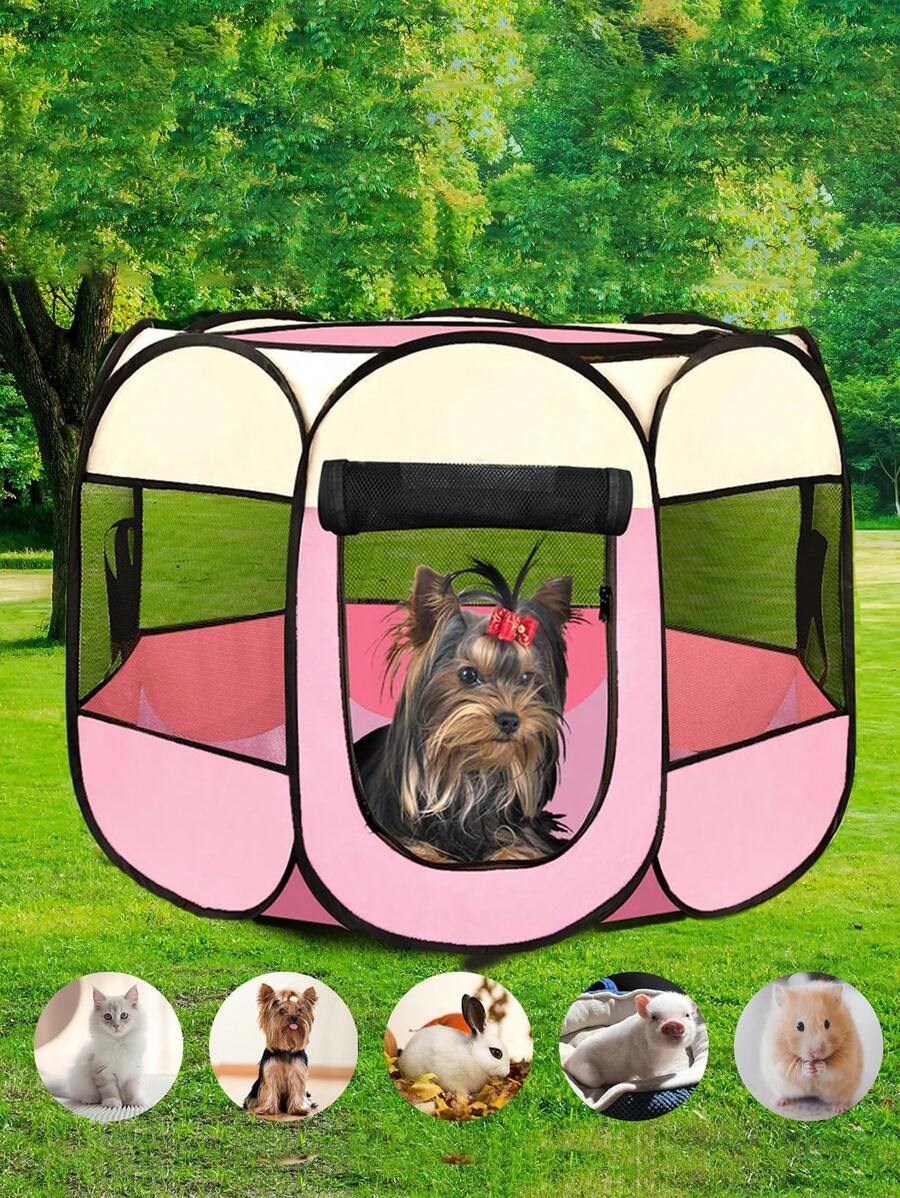 Multifunctional Portable Folding Simple Pet Dog Playpen House - 粉色 - 查看 1