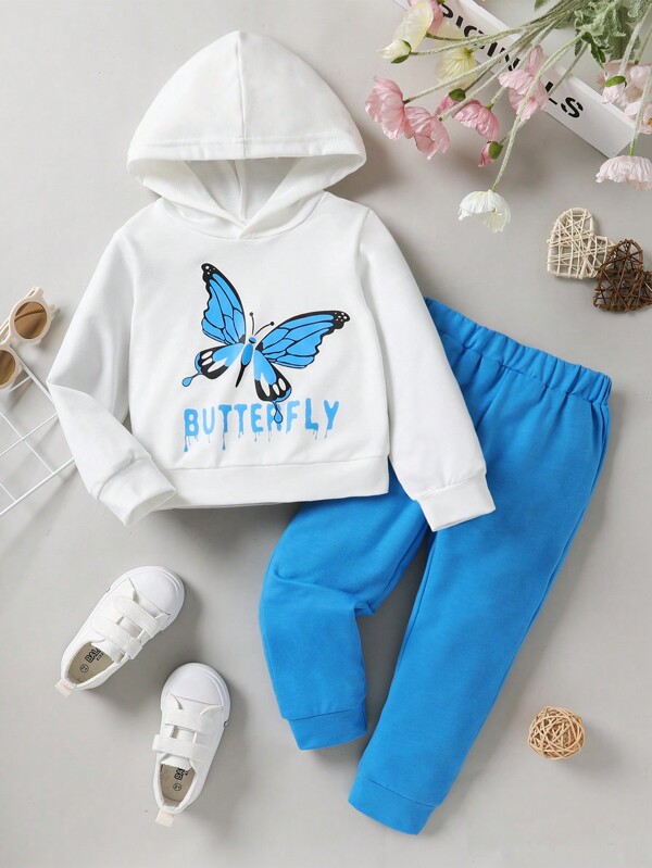 Young Girl Soft & Comfy Butterfly Pattern Printed Hoodie Sweatshirt And Sports Pants Set