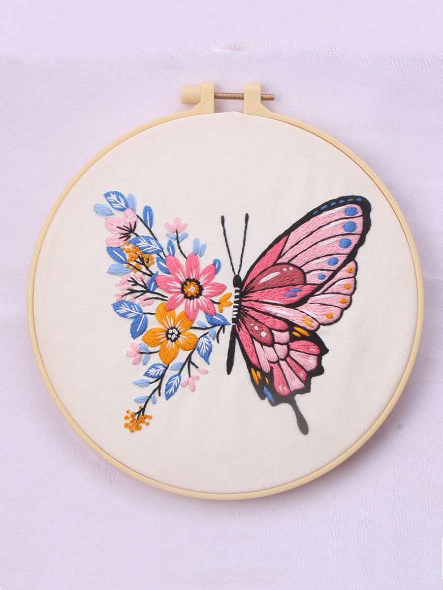1套初學蝴蝶圖案刺繡套件,附有說明書和針頭的十字繡套件(不包括繡圈) - 杏色 - 查看 1