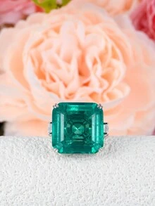 1 Miếng Sang trọng Bạc 925 MẠ Bạch Kim Hình vuông Ngọc lục bảo Cắt Nhẫn - màu xanh lá - Xem 2