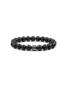 1pc 8mm Natural Black Agate Beaded Elastic Bracelet, Adjustable Unisex - Multicolor - View 8