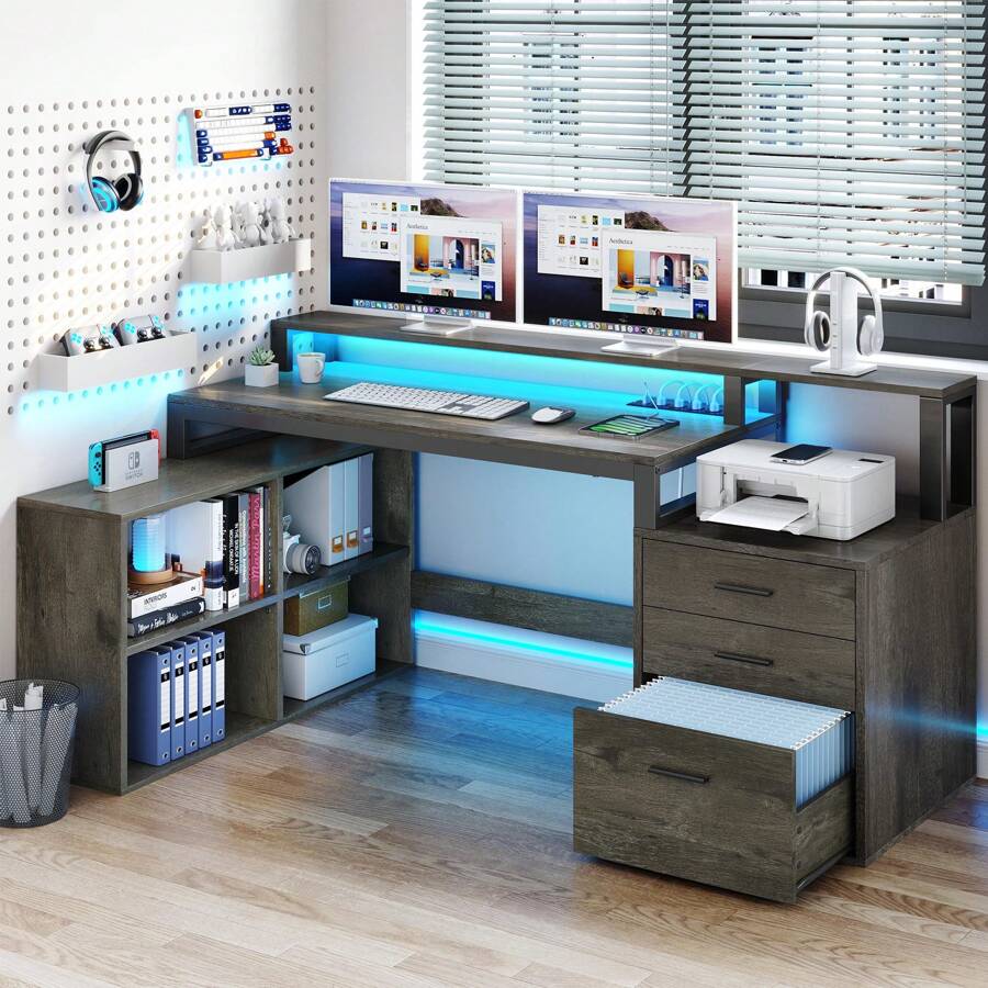 65Inch L Shaped Desk With Power Outlets And Monitor Stand , Computer Desk With LED Lights &File Cabinet, Corner Desk With 3 Drawers & 4 Open Storage Shelves, Modern Home Office Desk - Màu xám đen - Xem 1