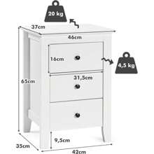 Bedside Table, Bedside Table With 3 Drawers, Modern Wooden Bedside Table With Round Handle, Side Table Drawer Cabinet For Box Spring Bed, Bedroom And Living Room, 46 X 37 X 65 Cm (White) - White - View 5