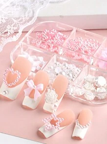 可爱蝴蝶结美甲饰品，6 格粉色和白色蝴蝶结混合仿珍珠山茶花 3D 指甲吊坠 Kawaii Y2K 美甲装饰 DIY 美甲沙龙用品配件指甲饰指甲宝石 - 彩色 - 查看 2