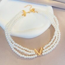 Conjunto De Collar Y Pulsera V En Capas Con Perlas Blancas Simuladas - Dorado - Ver 3