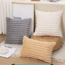 1pc Khaki Color Rabbit Fur Stripe Pattern Throw Pillow Cover Without Pillow Core, Solid Faux Rabbit Fur Plush Cushion Cover, Suitable For Sofa Cushions, Car Pillows, Decorative, Warm For Winter - Khaki - View 4