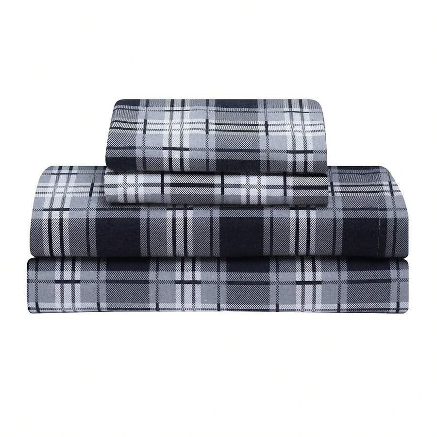 Flannel 100% Cotton Sheet Set, 4 Piece Brushed Cotton Flannelette Flat Sheet, Winter Fitted Sheet, Heavy Weight Bedding, 16" Deep Pocket, 2 Pillow Cases - Grey Plaid - View 1