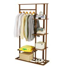 Bamboo Clothes Rail Rack: Portable Open Wardrobe For Hanging Clothes Garment Rack Stand With 5 Tier Storage Shelves Tidy Rail Shoe Rack For Clothes Hats Bags Halloween Decorations Halloween Costumes Autumn Decor Festival Decor - Brown - View 5