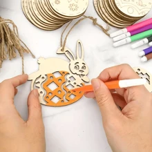10pcs Paintable Wooden Easter Egg Ornaments (Includes Jute Rope & 6 Random Color Watercolor Pens), DIY Crafts Decoration, Suitable For Holiday Hunt Party, Painted Bunny Egg Wood Pendant
