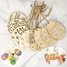 10pcs Paintable Wooden Easter Egg Ornaments (Includes Jute Rope & 6 Random Color Watercolor Pens), DIY Crafts Decoration, Suitable For Holiday Hunt Party, Painted Bunny Egg Wood Pendant