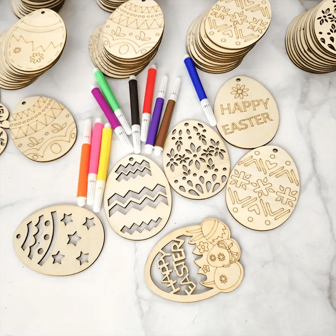 10 件可涂漆木制复活节彩蛋饰品（包括黄麻绳和 6 支随机颜色水彩笔），DIY 工艺品装饰，适合节日寻蛋派对，彩绘兔子蛋木吊坠