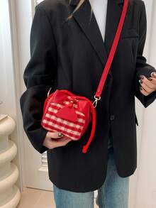 1 件迷你斜挎包（4.9 英寸 * 5.3 英寸 * 3.9 英寸）拼色格子图案，水桶造型，可爱精致，适合农历新年、情人节、单肩包和手提包、礼物、迷你女士挎包 - 紅色 - 查看 8