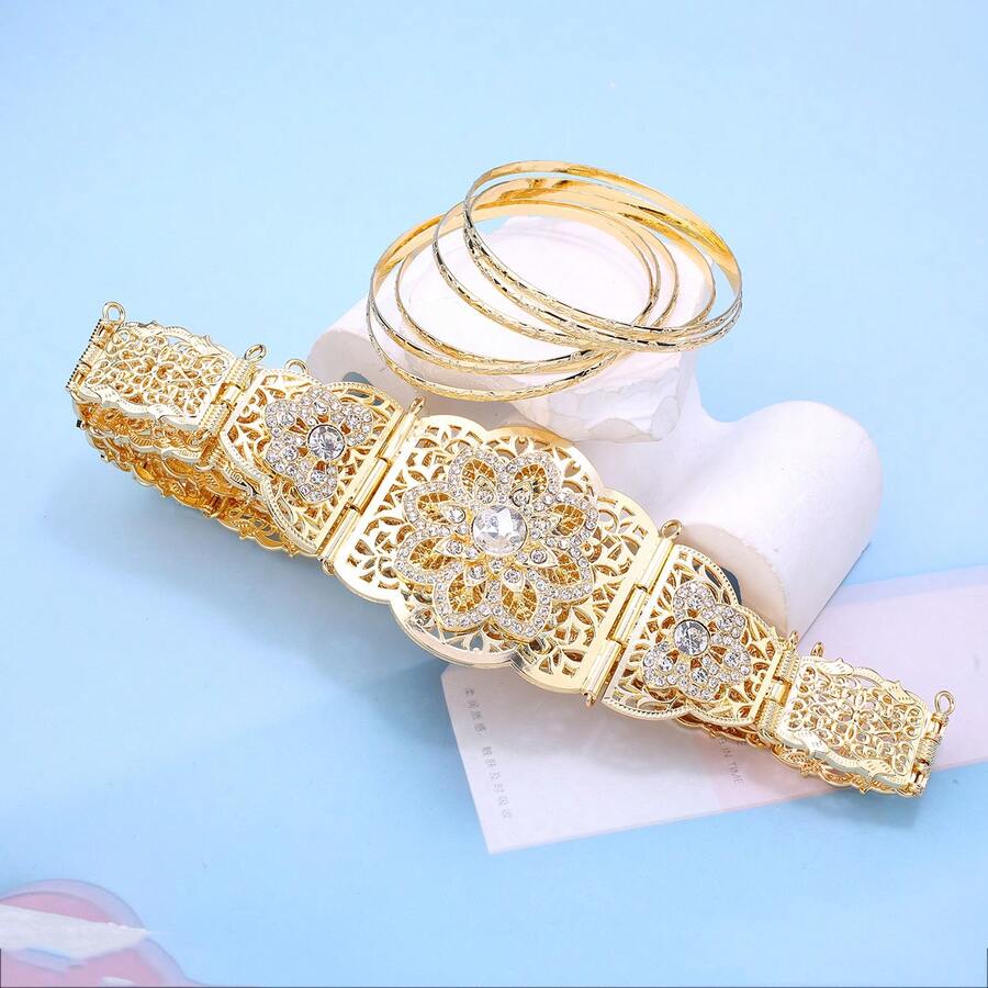 1 Miếng Dây chuyền thắt lưng Với 6 cái Nhẫn Vòng tay Bộ trang sức , Phong cách Dây đeo bụng Cô dâu Kim loại Dây thắt lưng , Ả Rập Lễ cưới Đồ trang sức Tay áo Vòng tay , Cô dâu Qủa tặng - Vàng - Xem 1