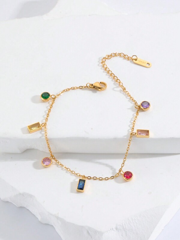 1 Pulseira Fashionable Decorada Com Dopamina E Pedra De Zircônia Cúbica Em Aço Inoxidável Banhado A Ouro 18k, Adequada Para Férias, Festa E Uso Diário De Mulheres