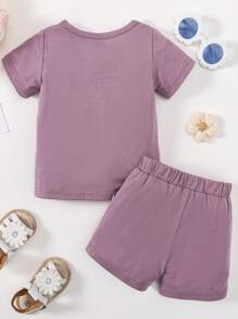 Young Girls' Summer Letter Printed Short Sleeve T-Shirt With Pocket And Shorts 2pcs Outfits
