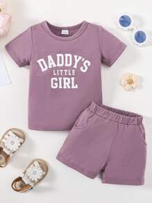 Young Girls' Summer Letter Printed Short Sleeve T-Shirt With Pocket And Shorts 2pcs Outfits