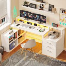 65Inch L Shaped Desk With Power Outlets And Monitor Stand , Computer Desk With LED Lights &File Cabinet, Corner Desk With 3 Drawers & 4 Open Storage Shelves, Modern Home Office Desk - trắng - Xem 2