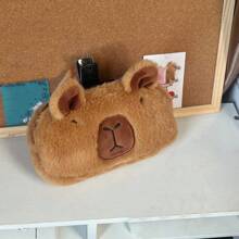 1pc Capybara Plush Pencil Case, Cute Cartoon Stationery Organizer, Large Capacity - Brown - View 1