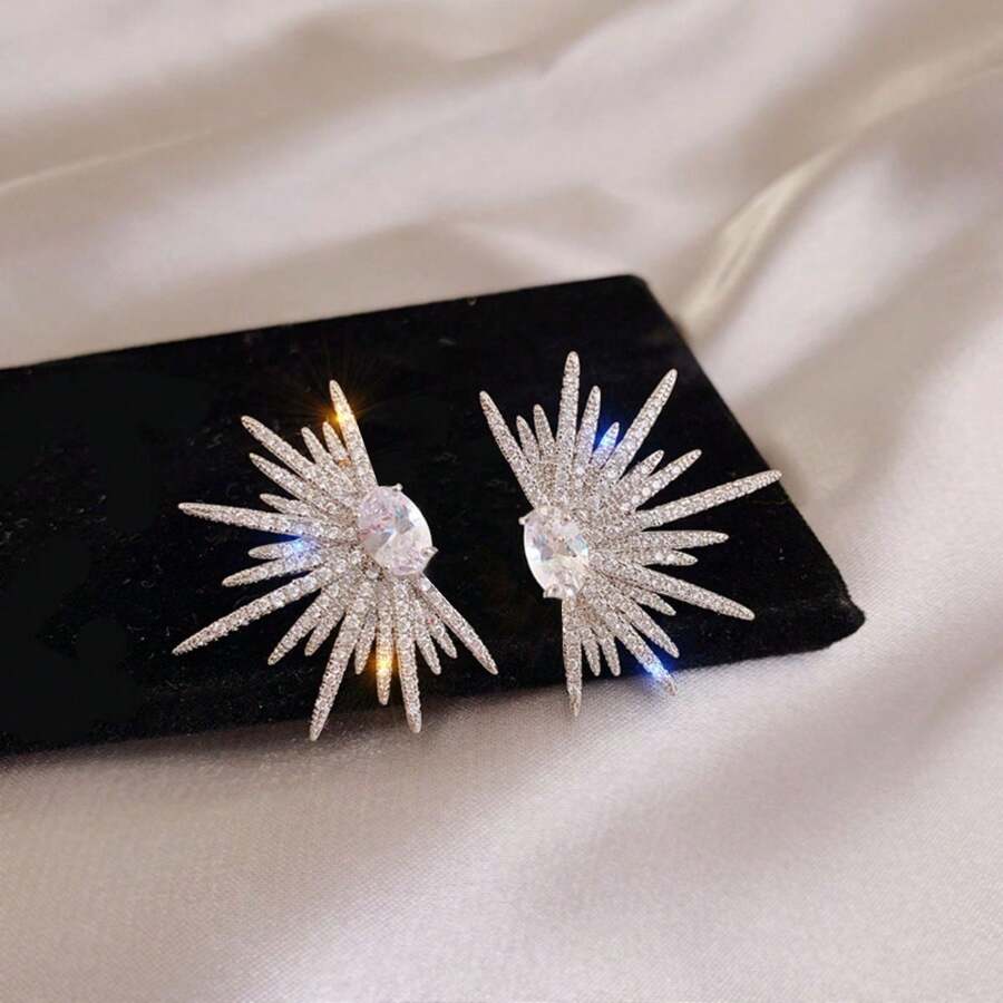 1對個性化全晶鑲嵌大尺寸耳釘,誇張時尚的星形設計,適合女性假日穿著 - 銀色 - 查看 1