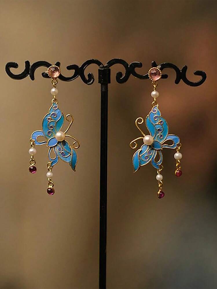 1 Peça Brincos De Clipe Em Borboleta Feminino Cloisonné Banhado A Ouro Com Flores Artificiais E Esmeralda, Adequado Para Uso Diário - Azul - Visão 2