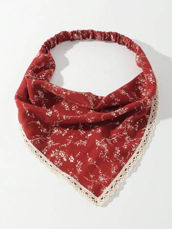 1 pieza Accesorio para el cabello de mujer Pañuelo con estampado floral rojo y ribete de encaje, perfecto para uso diario al aire libre, estilo bohemio, para el Día de San Valentín, turbante, diadema, banda para el sudor, diadema, accesorios para el cabello para mujer para vacaciones, atuendos elegantes, bufanda