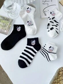 5 双吸湿排汗图案短袜，男女通用，适合所有季节 - 黑與白 - 查看 3