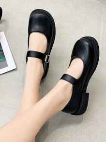 大尺寸（35-42）女式黑色瑪莉珍鞋,韓國風格復古英國 J.k.學生平頭工作鞋~搭配裙子 - 黑色 - 查看 2