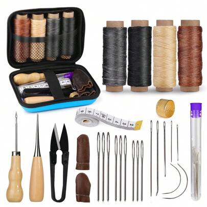 Leather Sewing Kit, Leather Working Tools And Supplies, Leather Working Kit With Large-Eye Stitching Needles, Waxed Thread, Leather Upholstery Repair Kit, Leather Sewing Tools For DIY Leather Craft(Random Color Finger Cots)