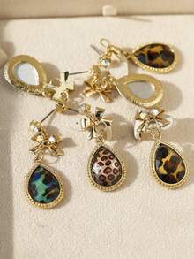 2 件韓式豹紋金屬淚珠領結吊墜耳環,3 種顏色可選,時尚百搭女士首飾