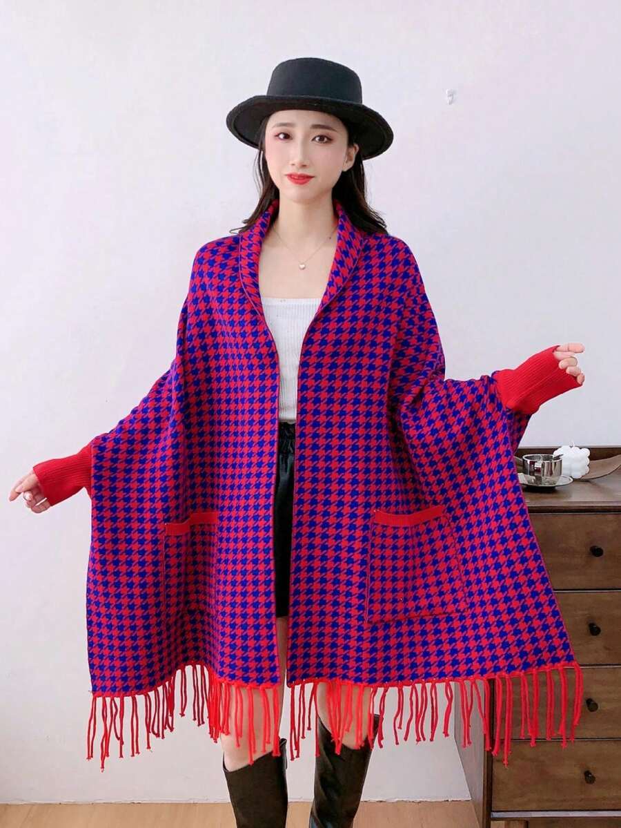 Ultra Soft Knitted Open Shawl Cape Poncho Tricolor Fringe Design Autumn Winter One Size Thick - Violet Purple - View 1