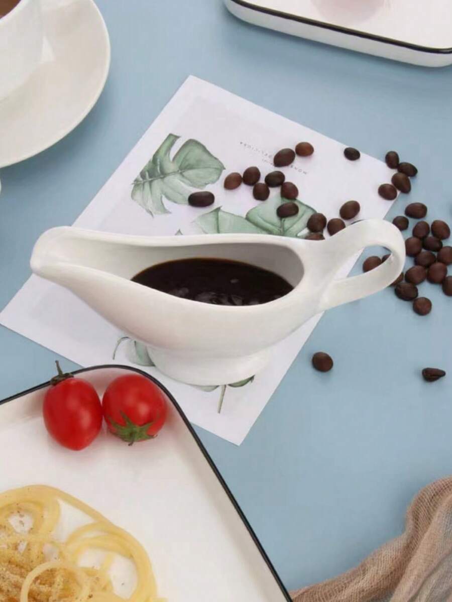 1pc 5oz Ceramic White Sauce Boat With Handle, Gravy Boat, Honey Cup, Coffee & Milk Pot - White - View 1